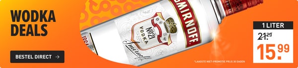 wodka deal: 1 liter smirnoff wodka van &euro;21,29 nu voor &euro;15,99